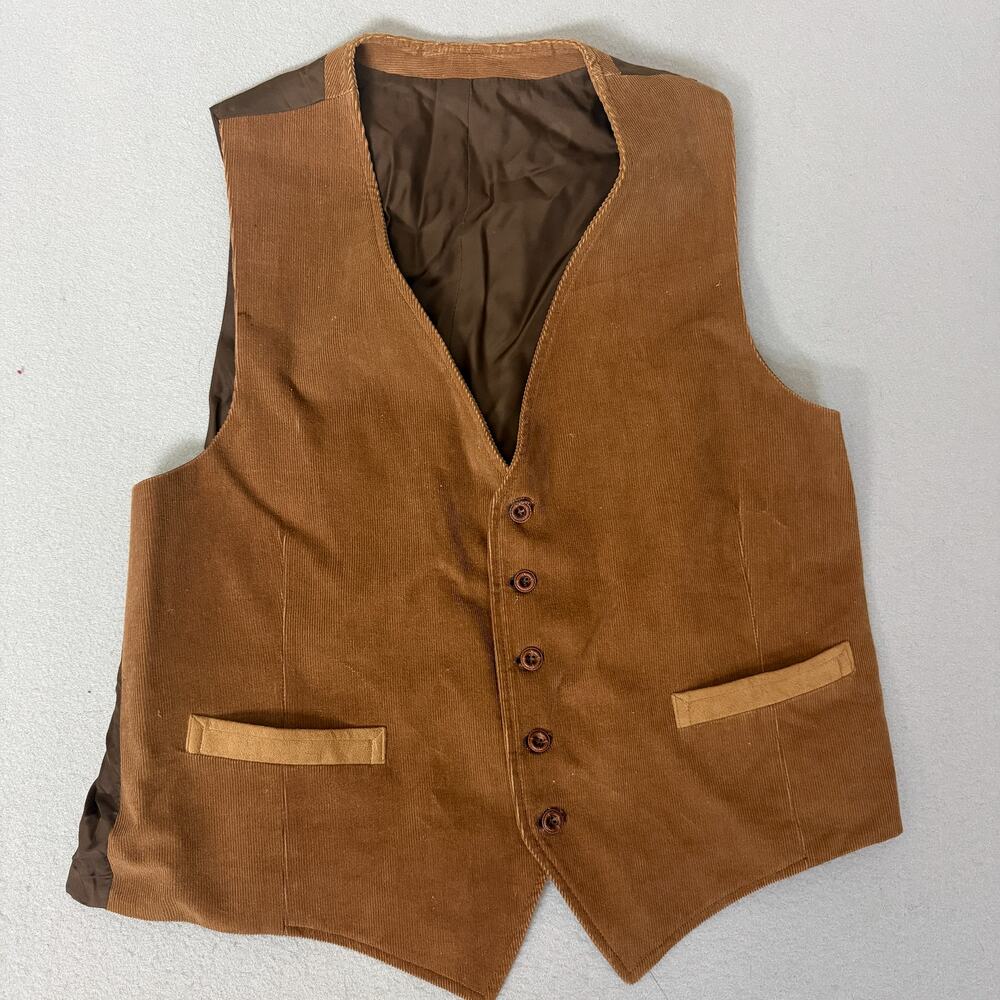Mens Brown Corduroy Vest Size R46 Button Front Casual Classic Waistcoat